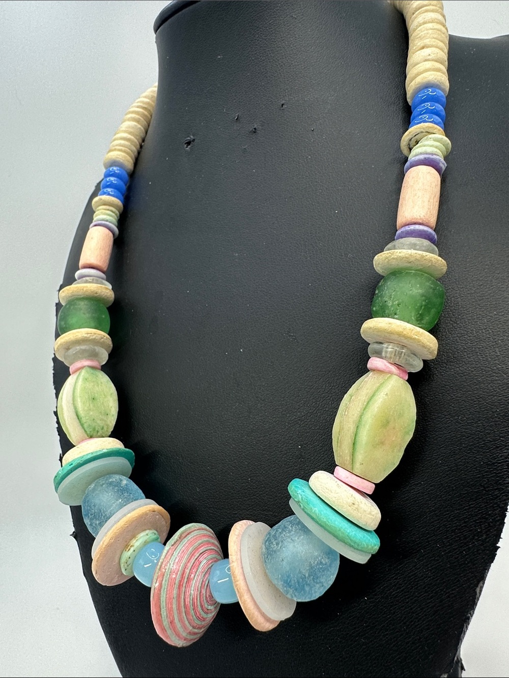 Vintage Pastel Multicolor Necklace Sea Glass Mother Of Pearl Bone Paper Bead